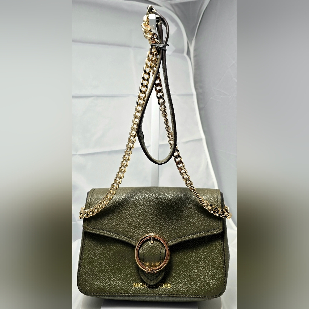Michael Kors Wanda small flap Crossbody Bag in Army Green Pebbled Leather.
